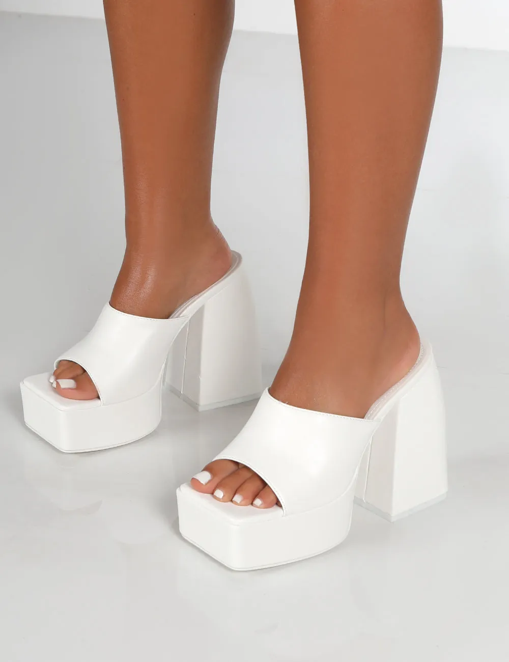 Rozie White PU Chunky Heeled Mules