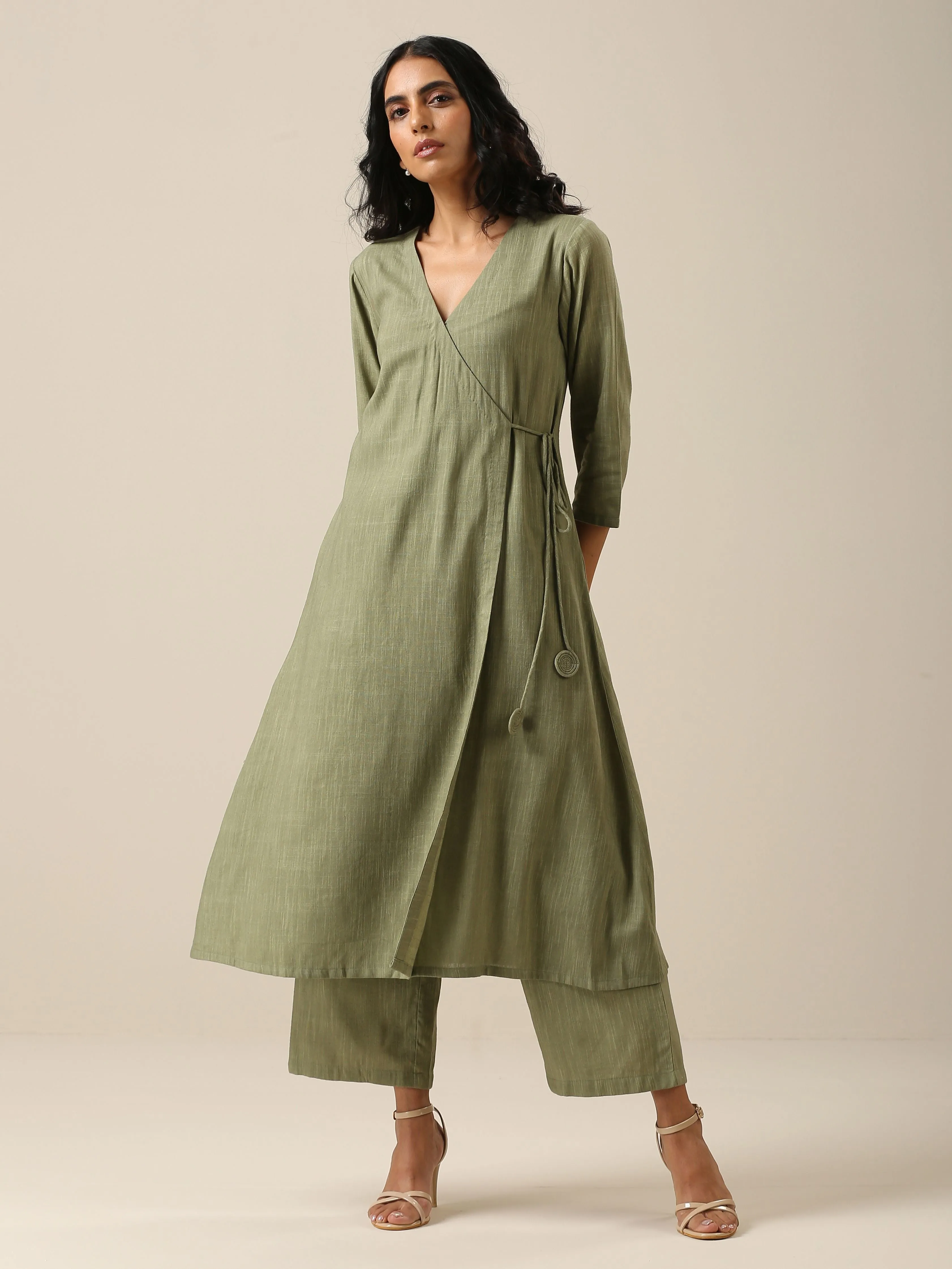 Sage Slub Texture Angrakha Pant Set