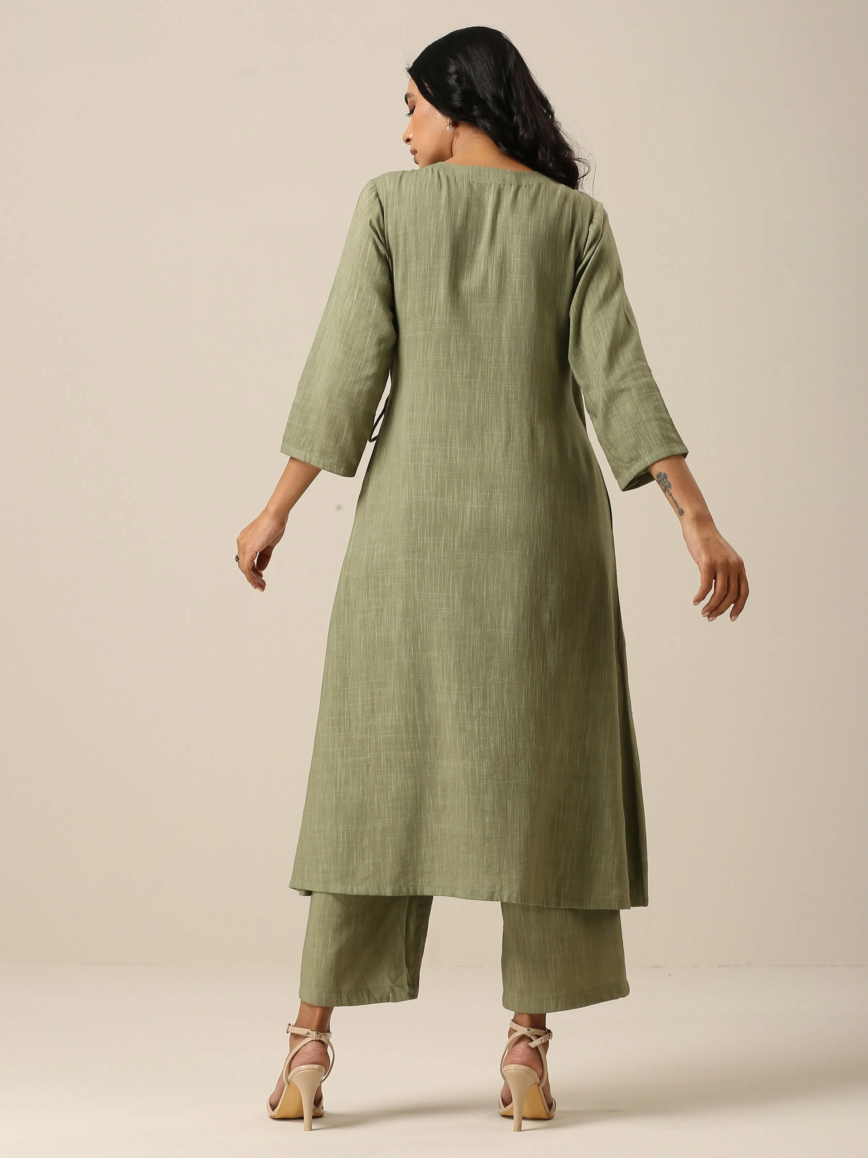 Sage Slub Texture Angrakha Pant Set