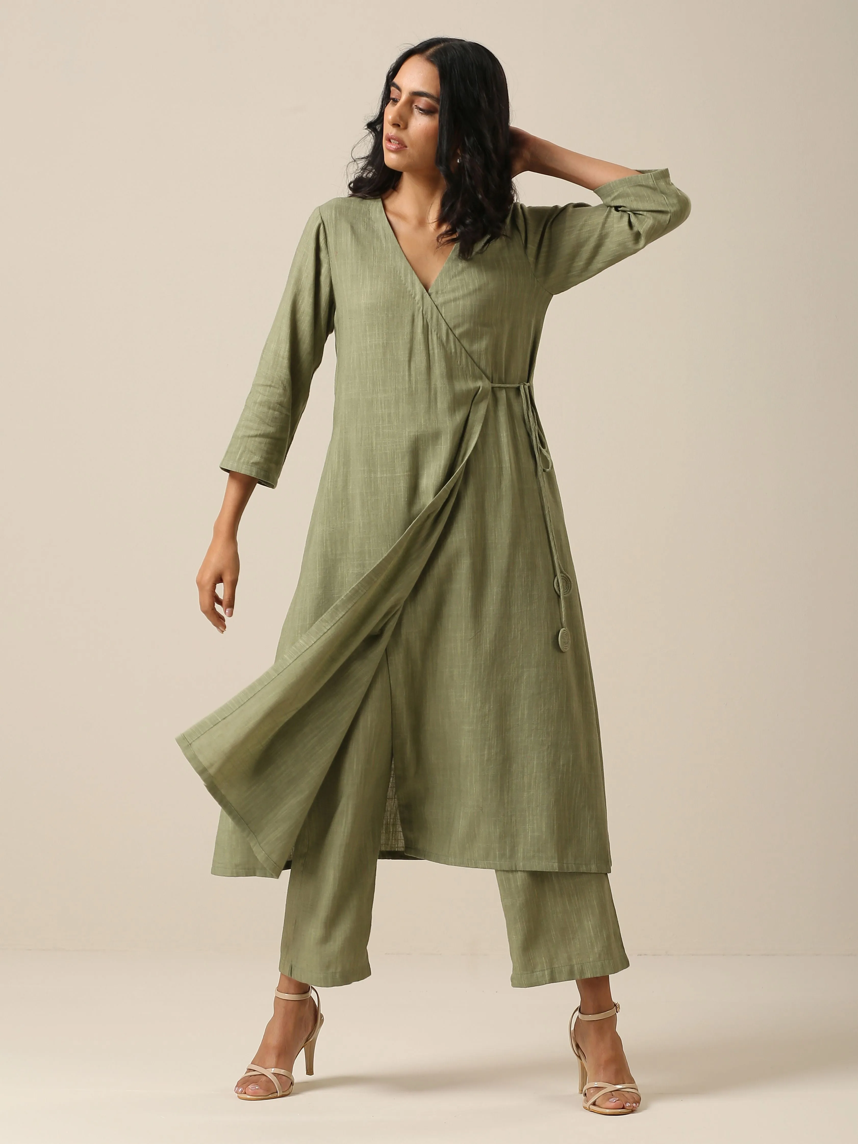 Sage Slub Texture Angrakha Pant Set