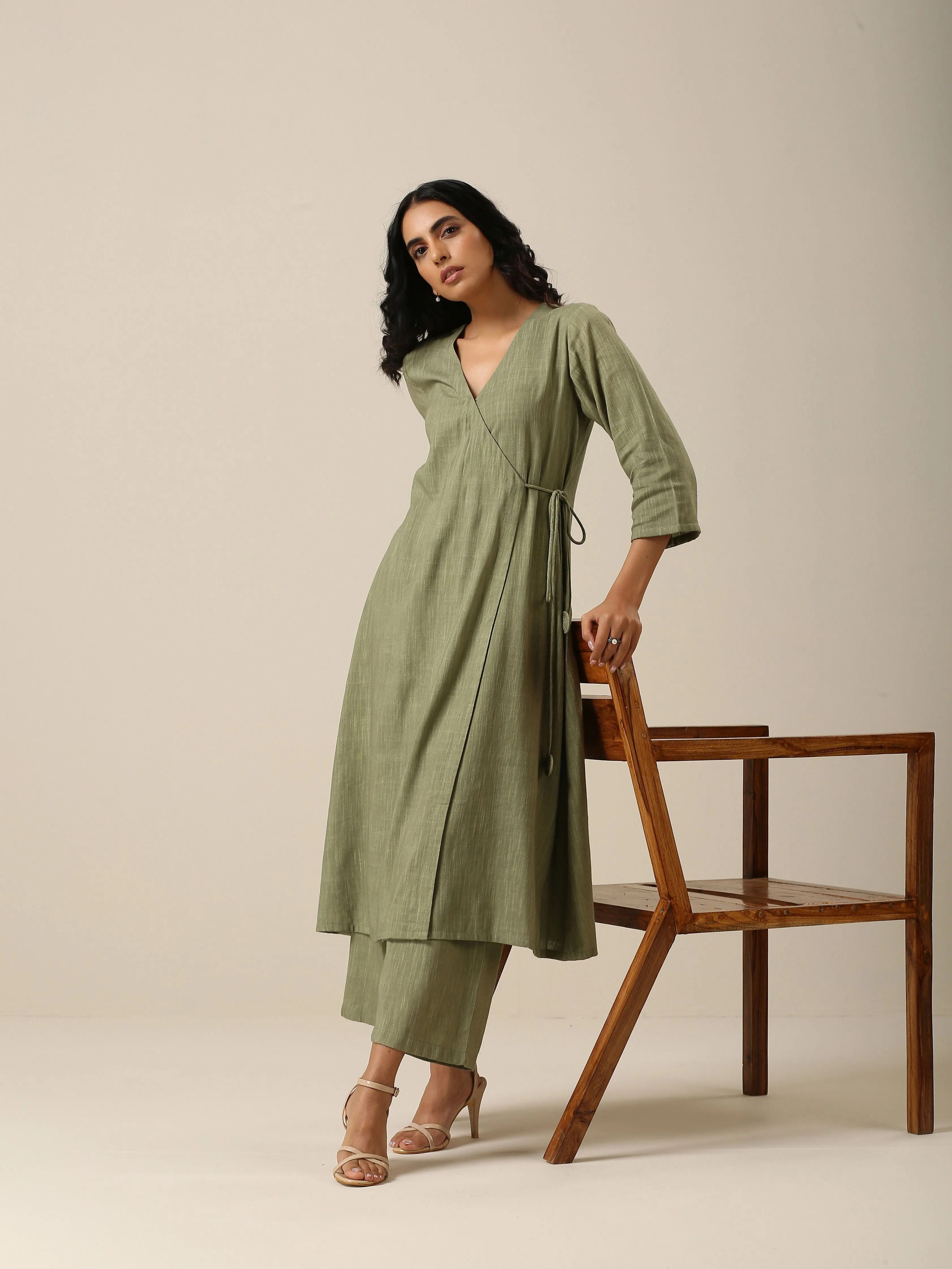 Sage Slub Texture Angrakha Pant Set