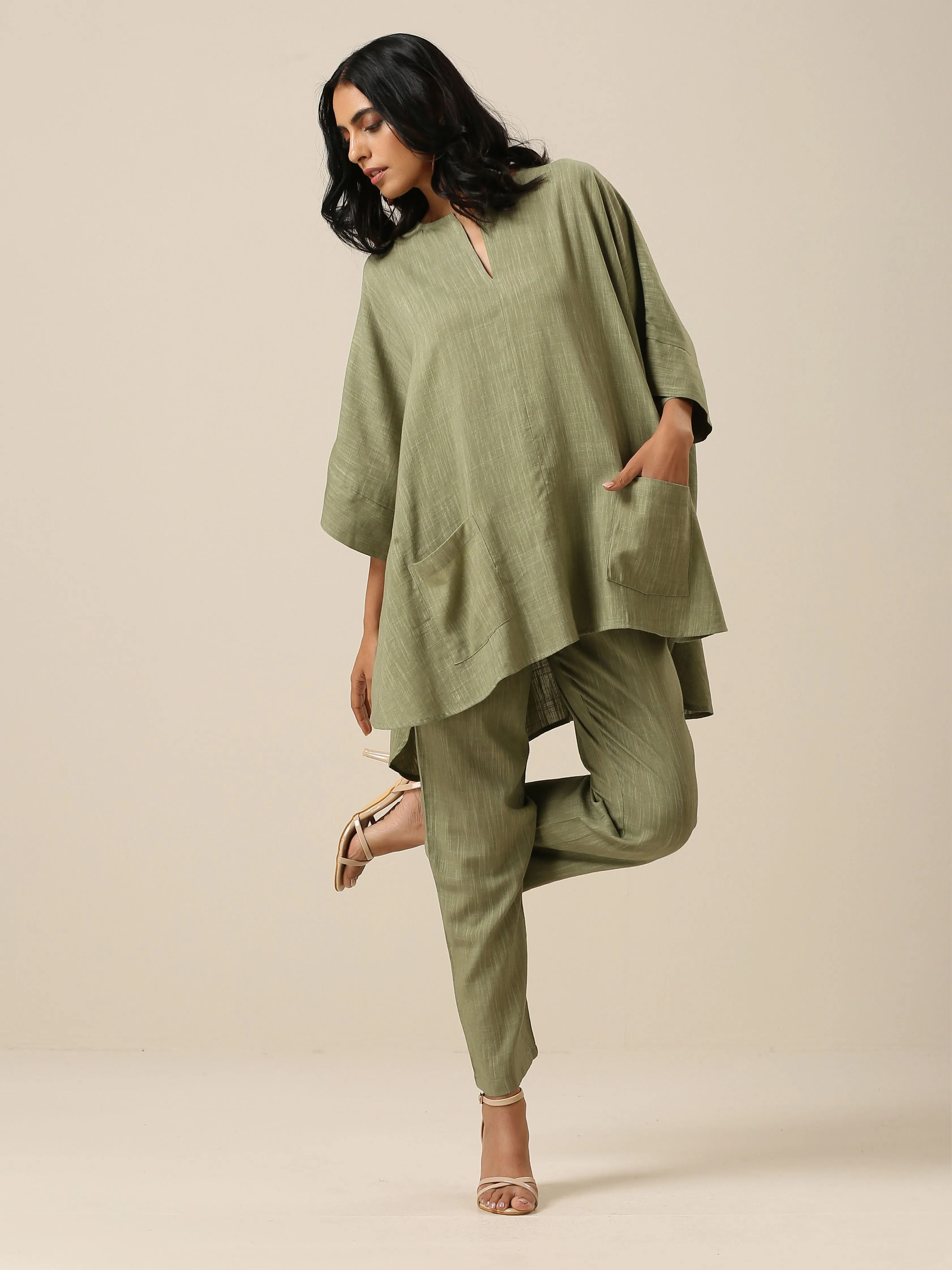 Sage Slub Texture Boxy Fit High Low Co-Ord Set