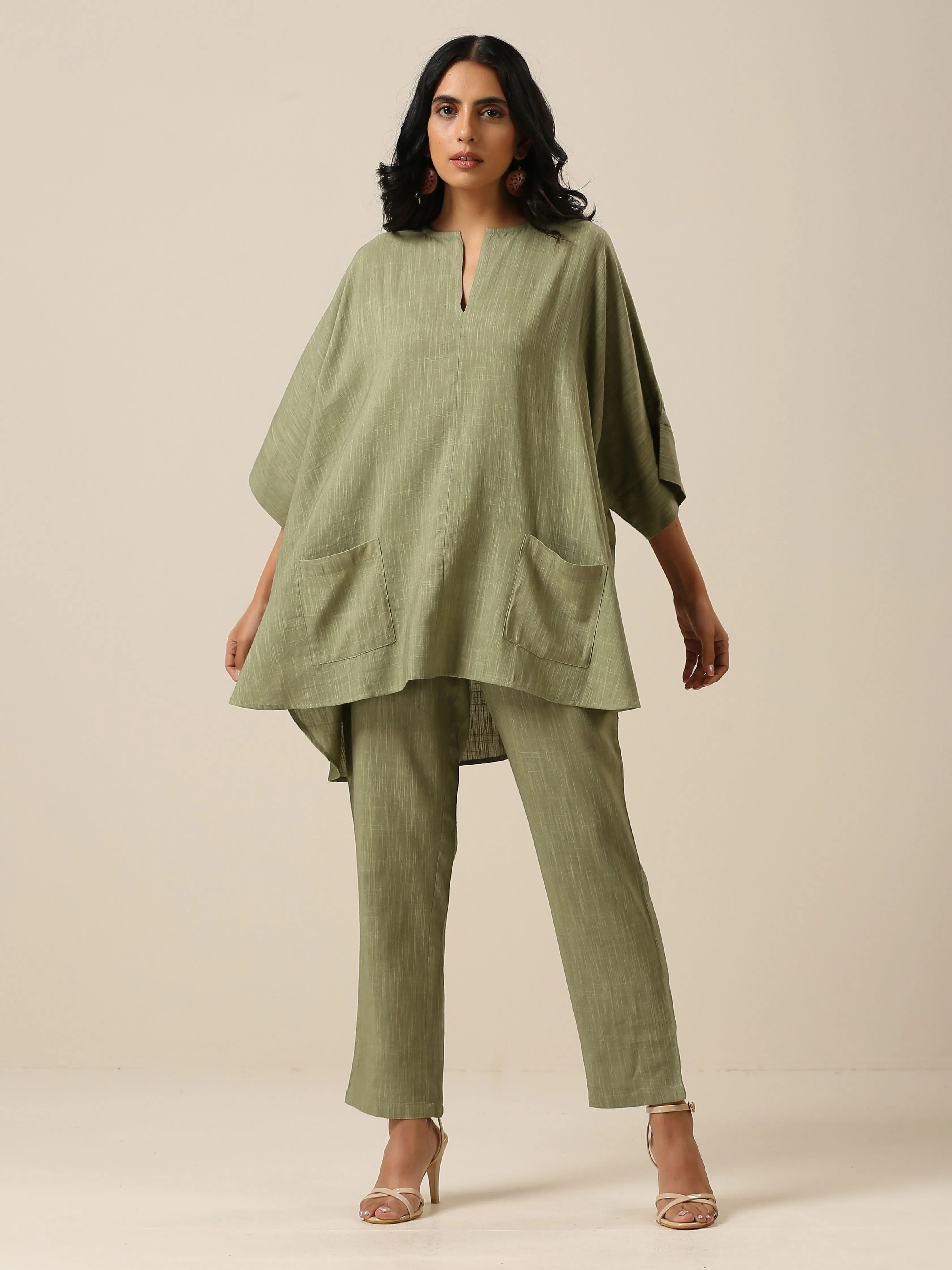 Sage Slub Texture Boxy Fit High Low Co-Ord Set