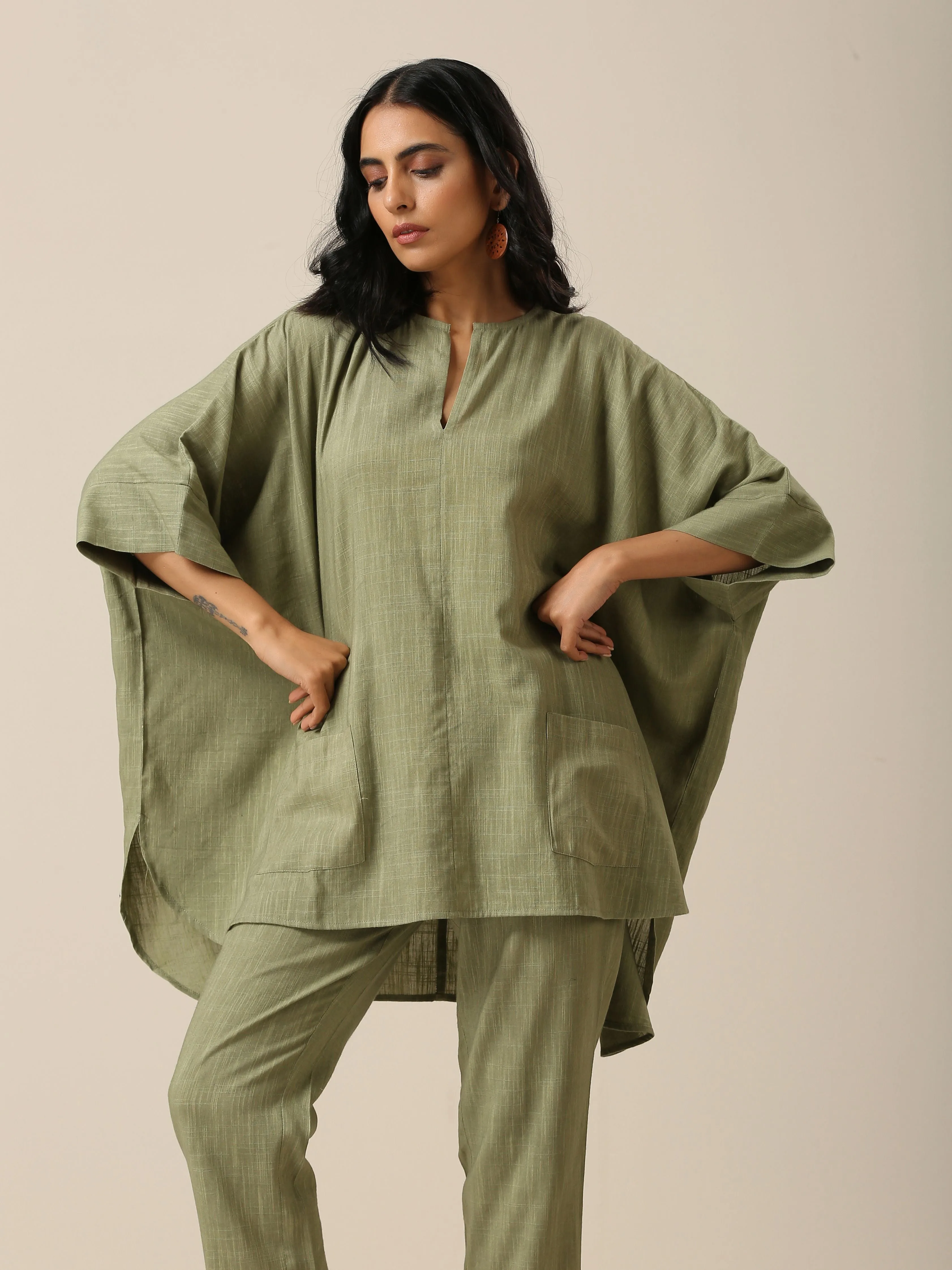 Sage Slub Texture Boxy Fit High Low Co-Ord Set