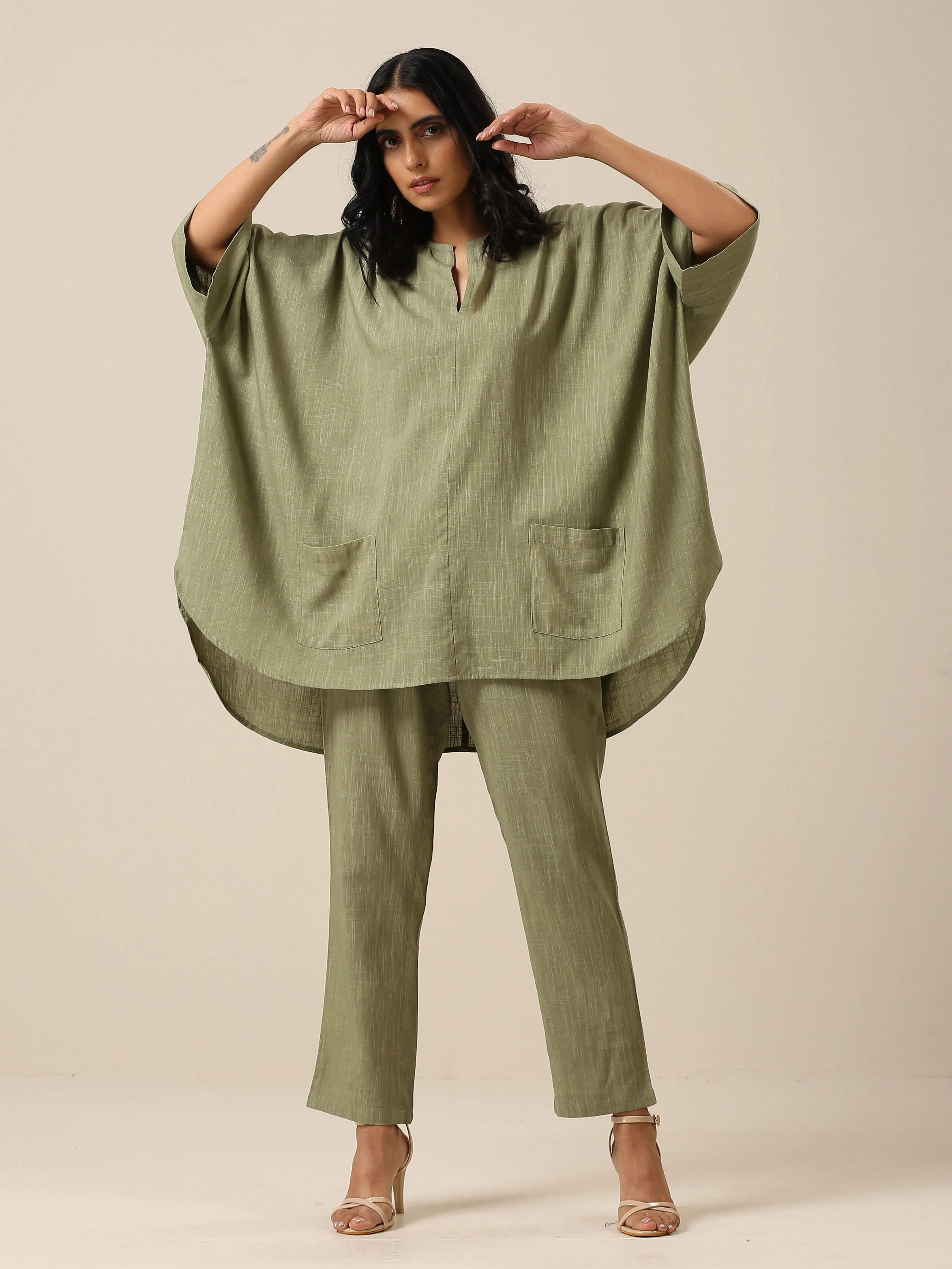 Sage Slub Texture Boxy Fit High Low Co-Ord Set