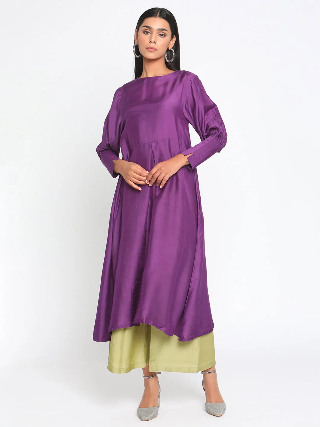 Silk Purple Gathered Sleeve Flared Kurta Palazzo Set