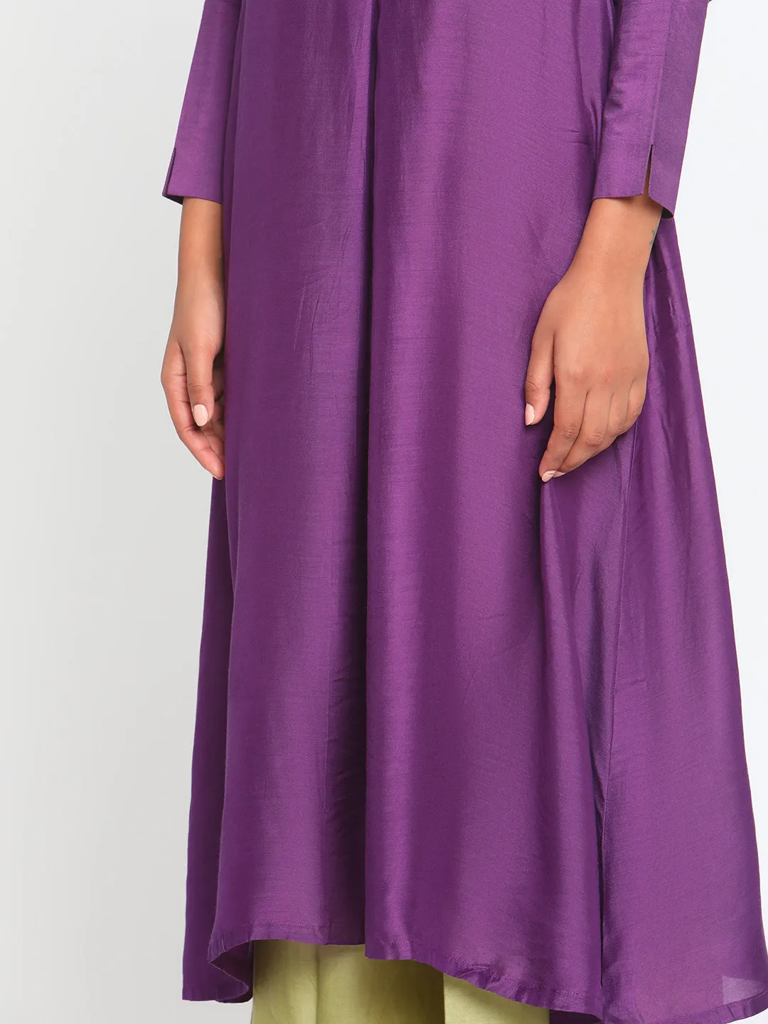 Silk Purple Gathered Sleeve Flared Kurta Palazzo Set