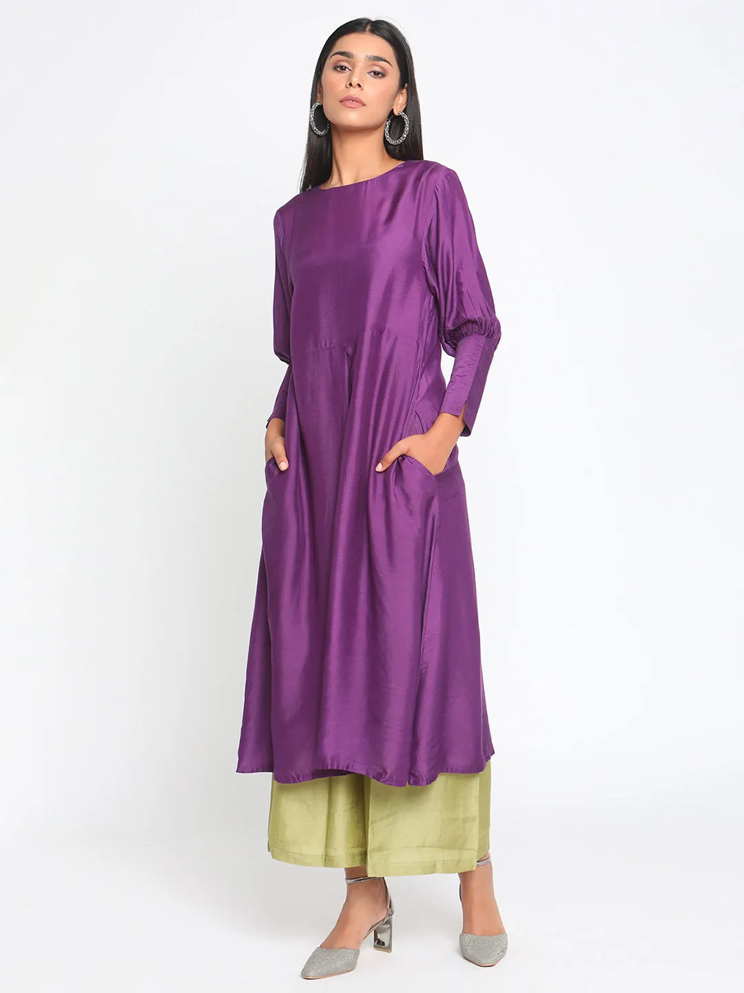 Silk Purple Gathered Sleeve Flared Kurta Palazzo Set