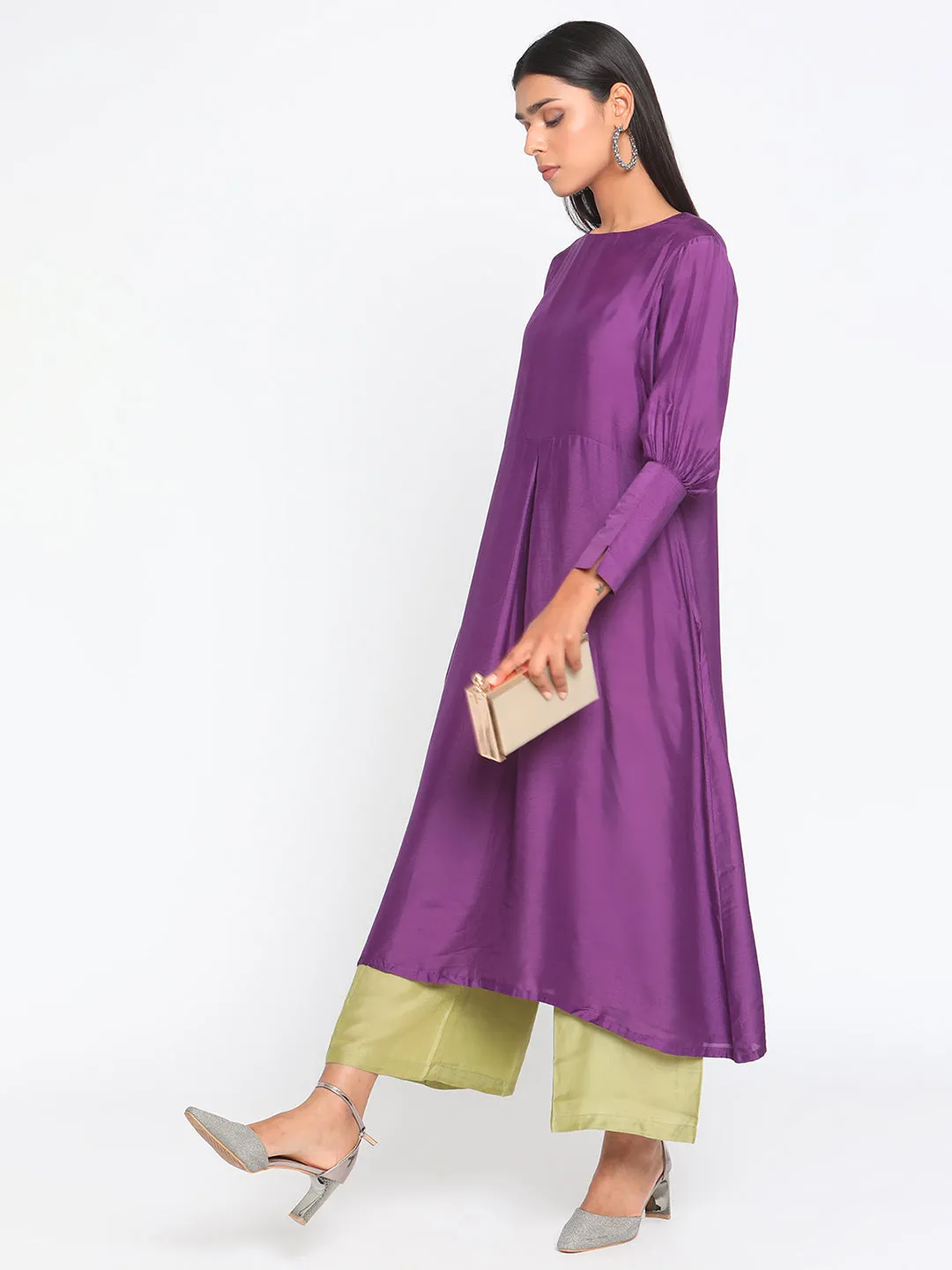 Silk Purple Gathered Sleeve Flared Kurta Palazzo Set