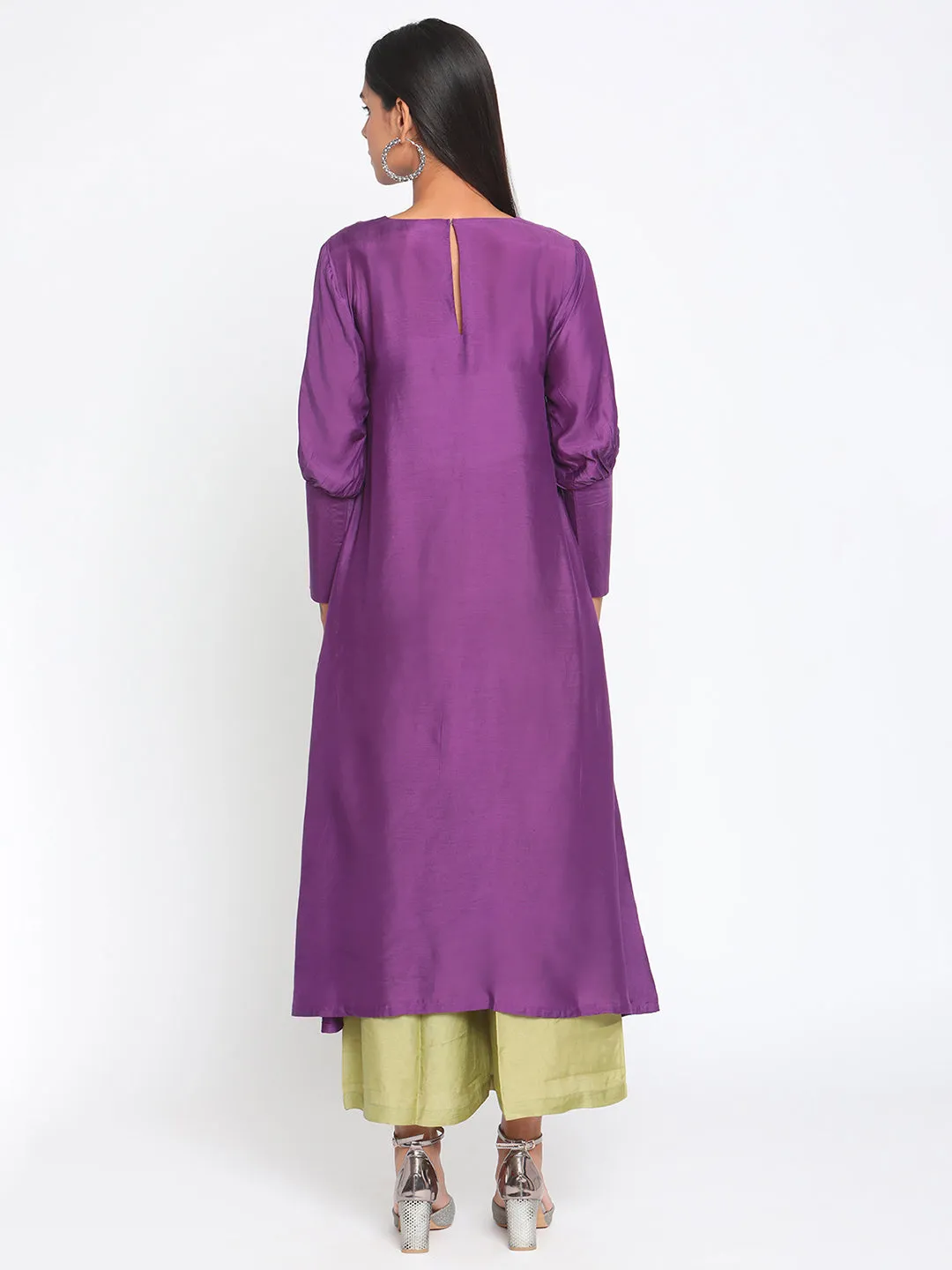 Silk Purple Gathered Sleeve Flared Kurta Palazzo Set