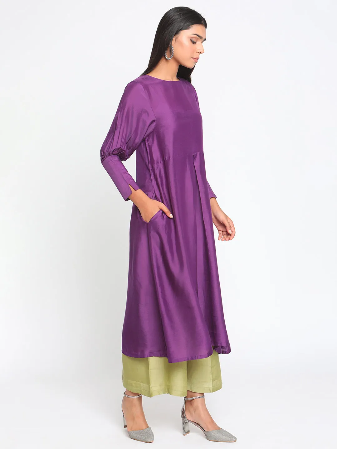 Silk Purple Gathered Sleeve Flared Kurta Palazzo Set