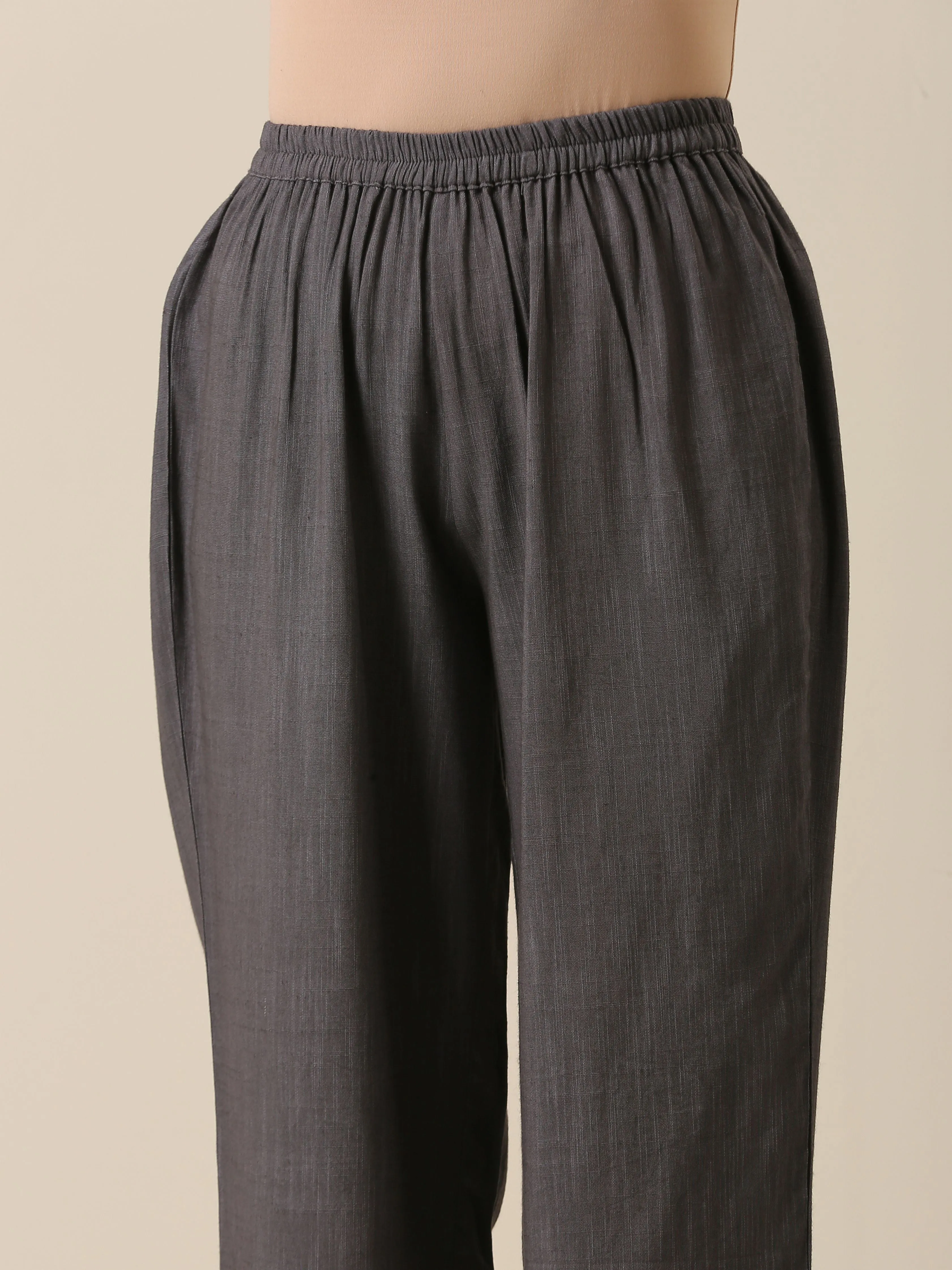 Slate Grey Slub Texture Overlap Pleat Kurta Pant Set