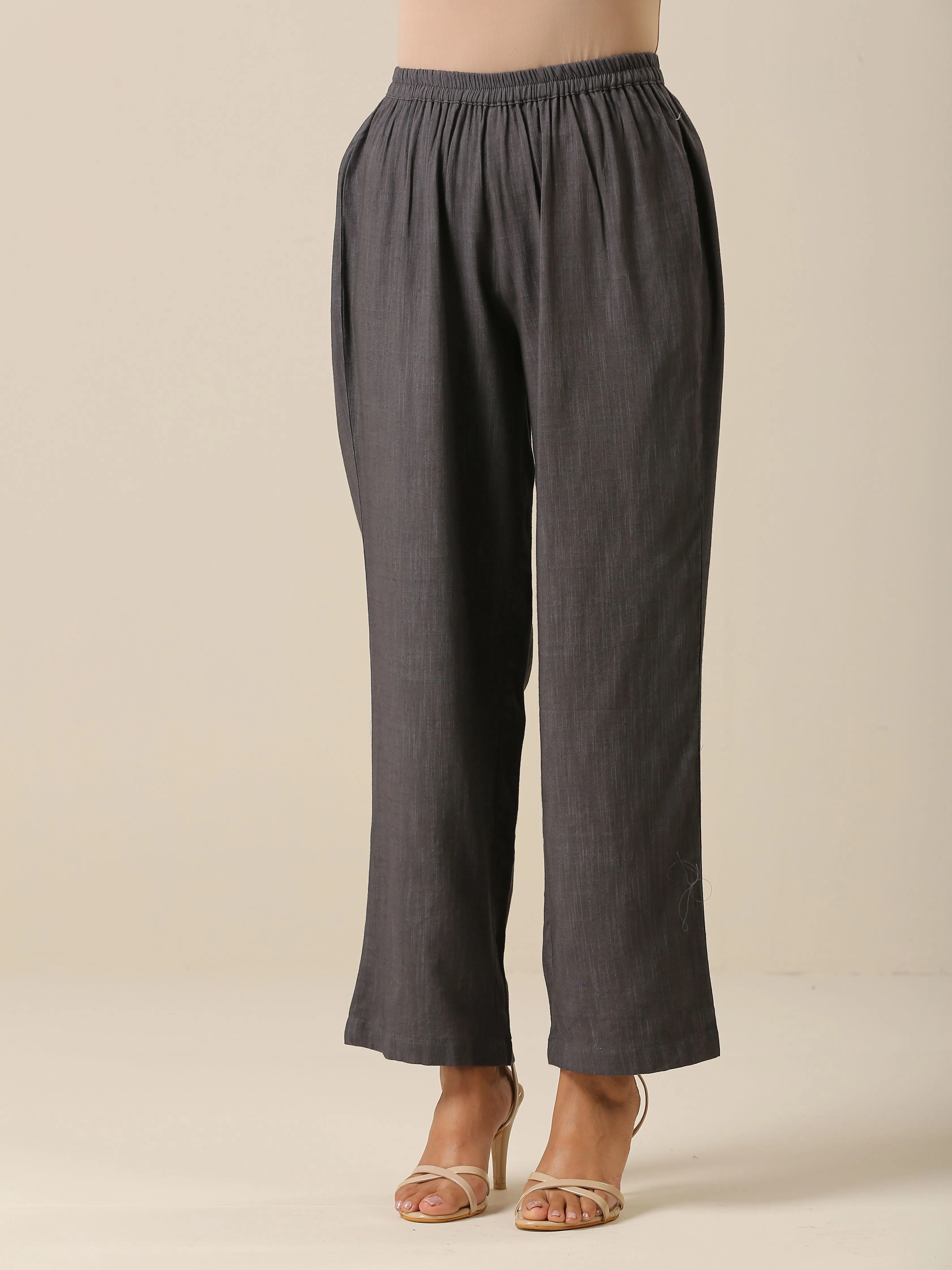 Slate Grey Slub Texture Overlap Pleat Kurta Pant Set