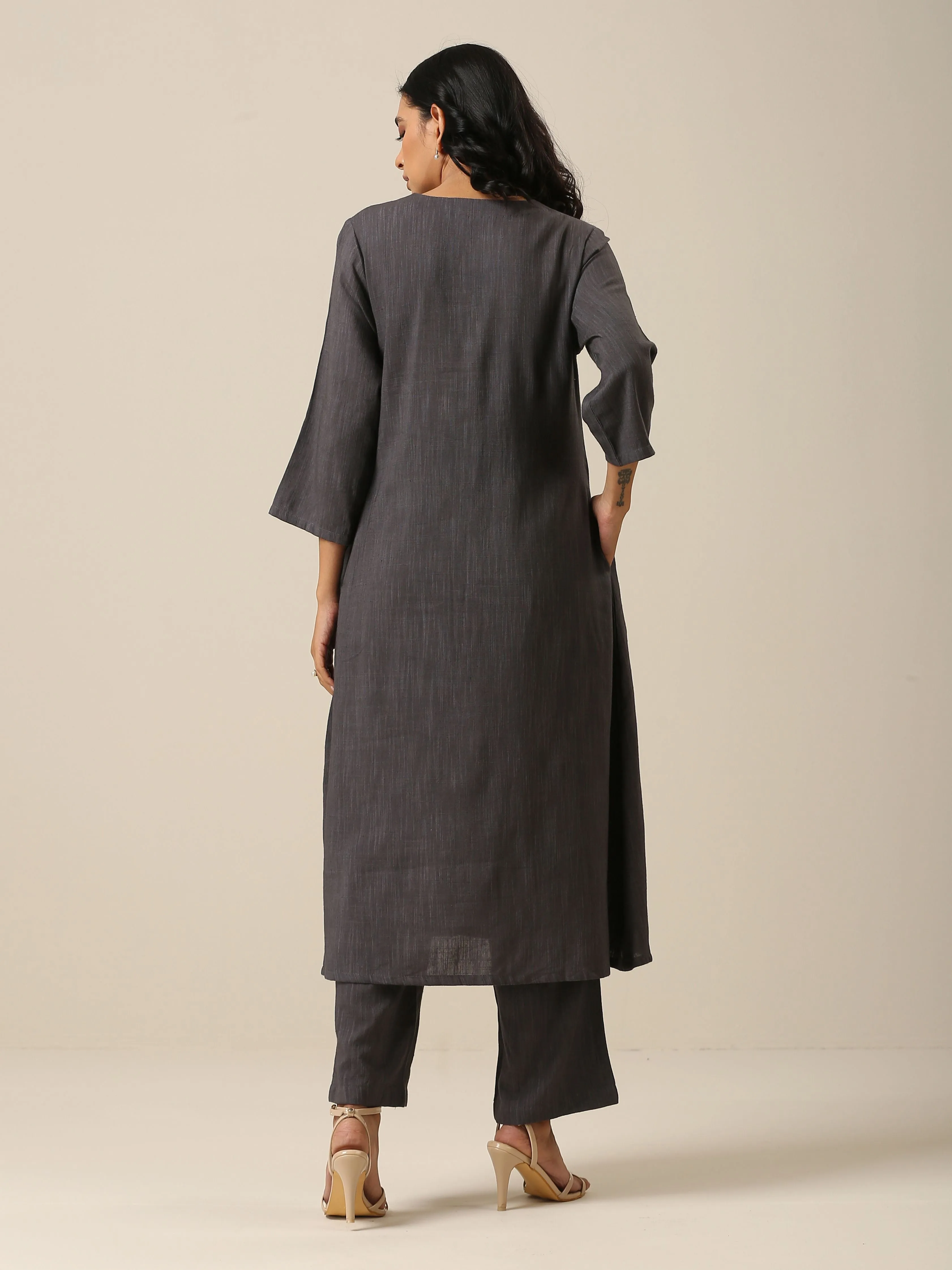 Slate Grey Slub Texture Overlap Pleat Kurta Pant Set