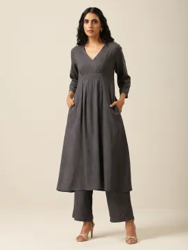 Slate Grey Slub Texture Overlap Pleat Kurta Pant Set