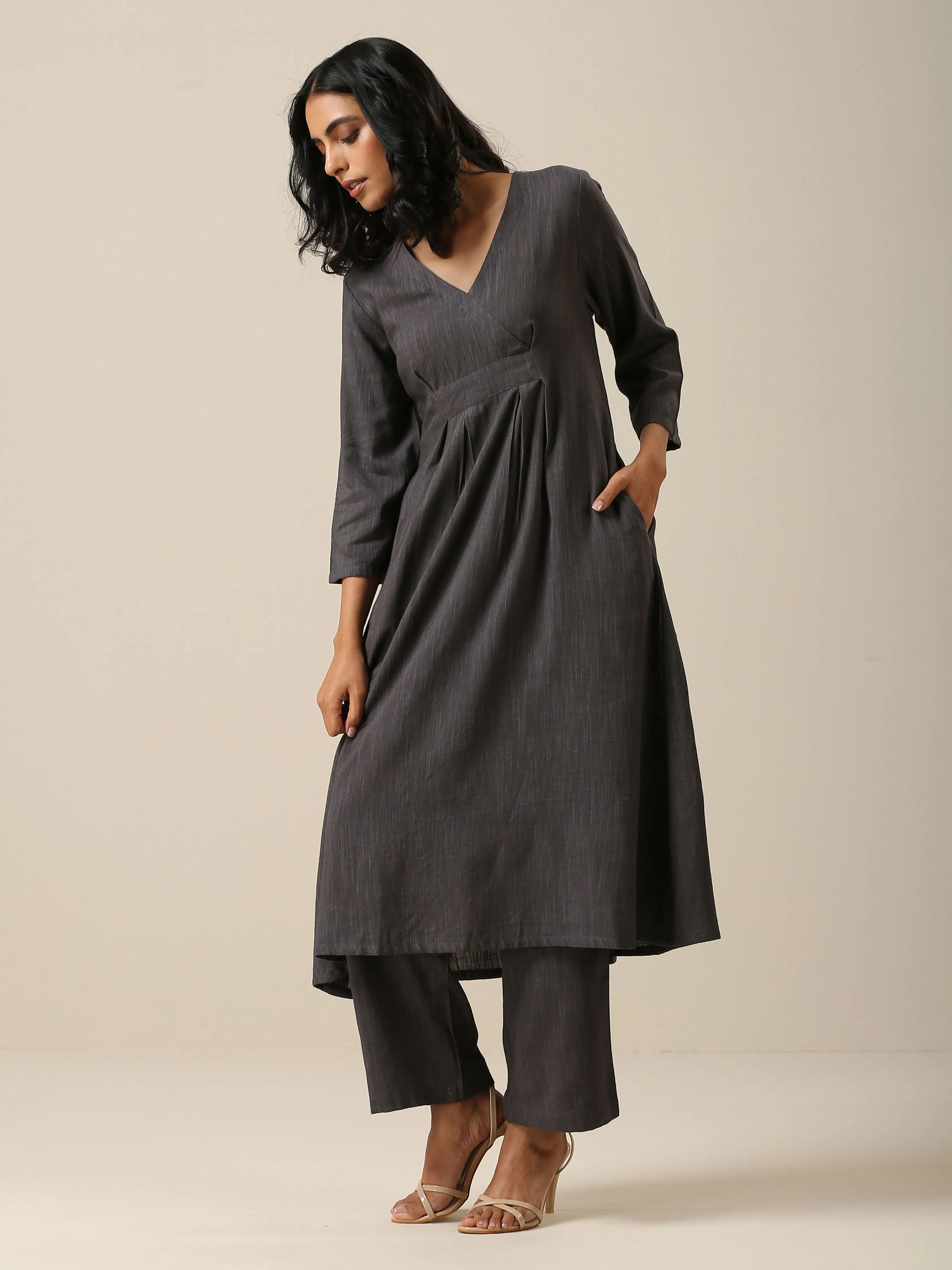 Slate Grey Slub Texture Overlap Pleat Kurta Pant Set