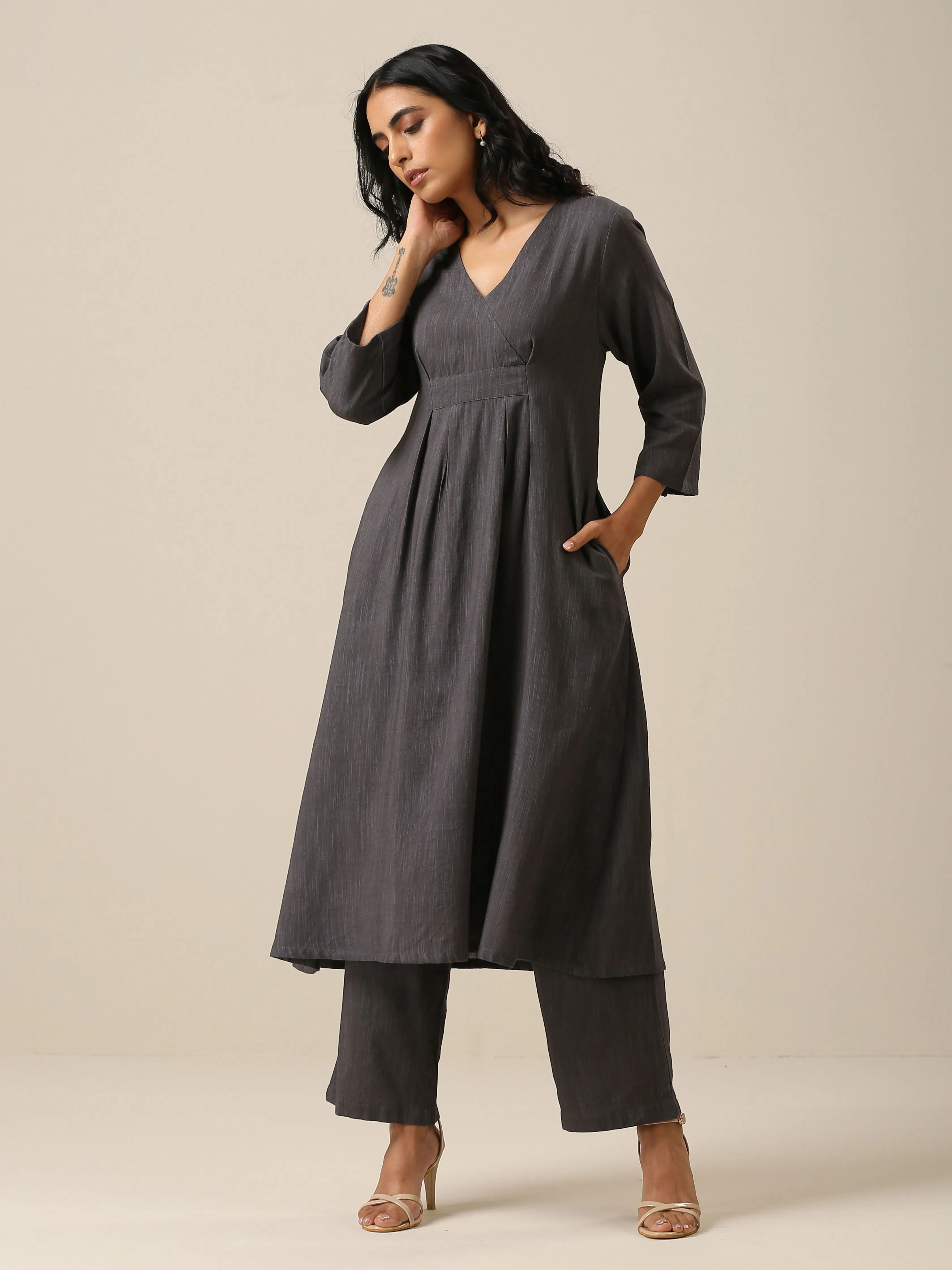 Slate Grey Slub Texture Overlap Pleat Kurta Pant Set