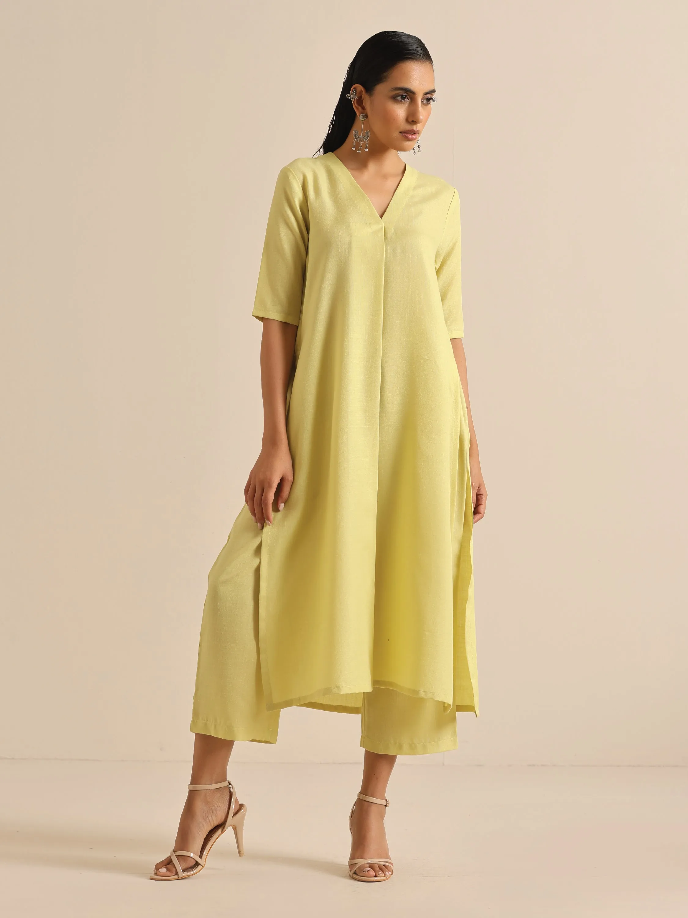 Spark Green Slub High Slit Kurta Pant Set