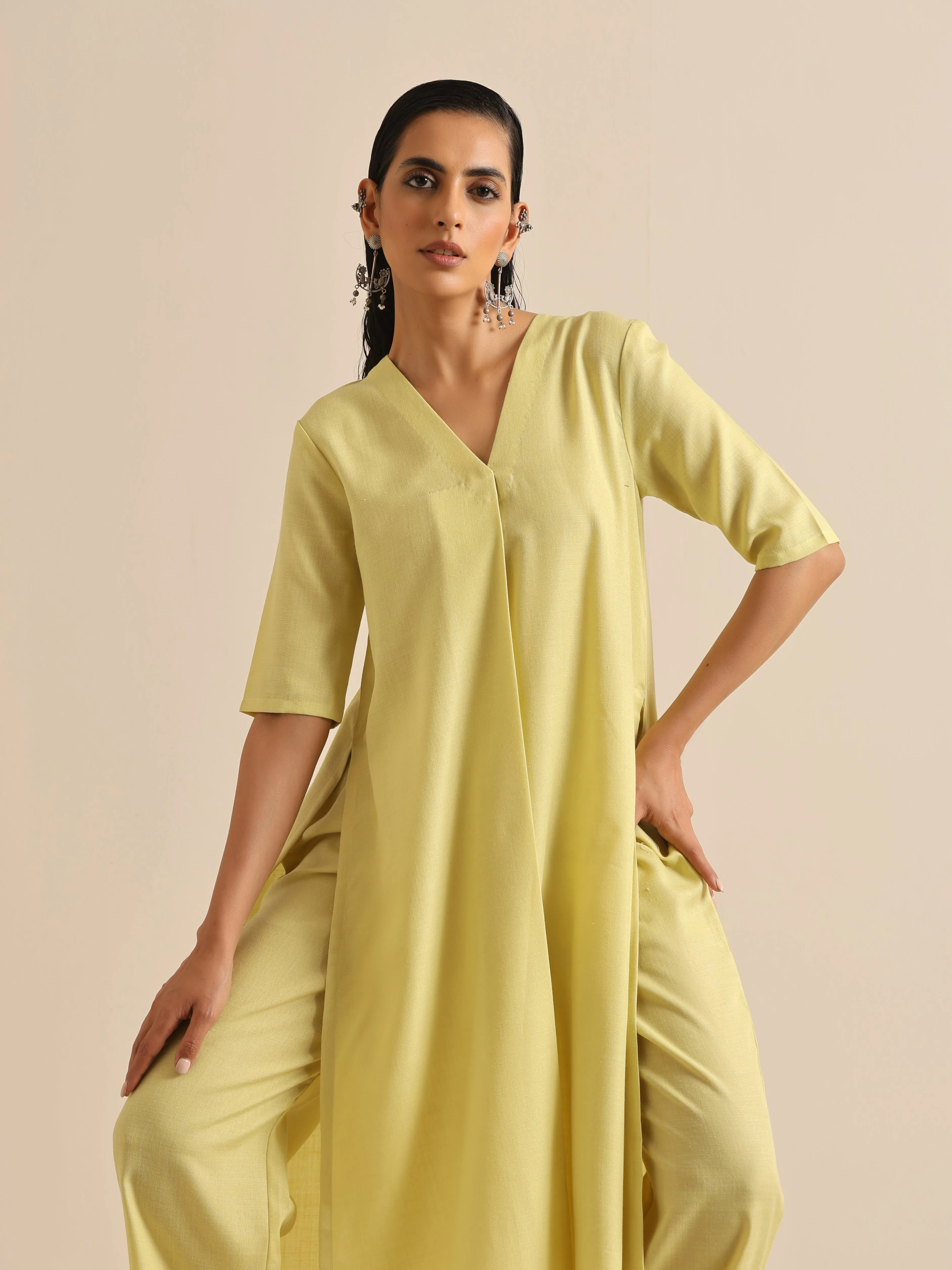 Spark Green Slub High Slit Kurta Pant Set