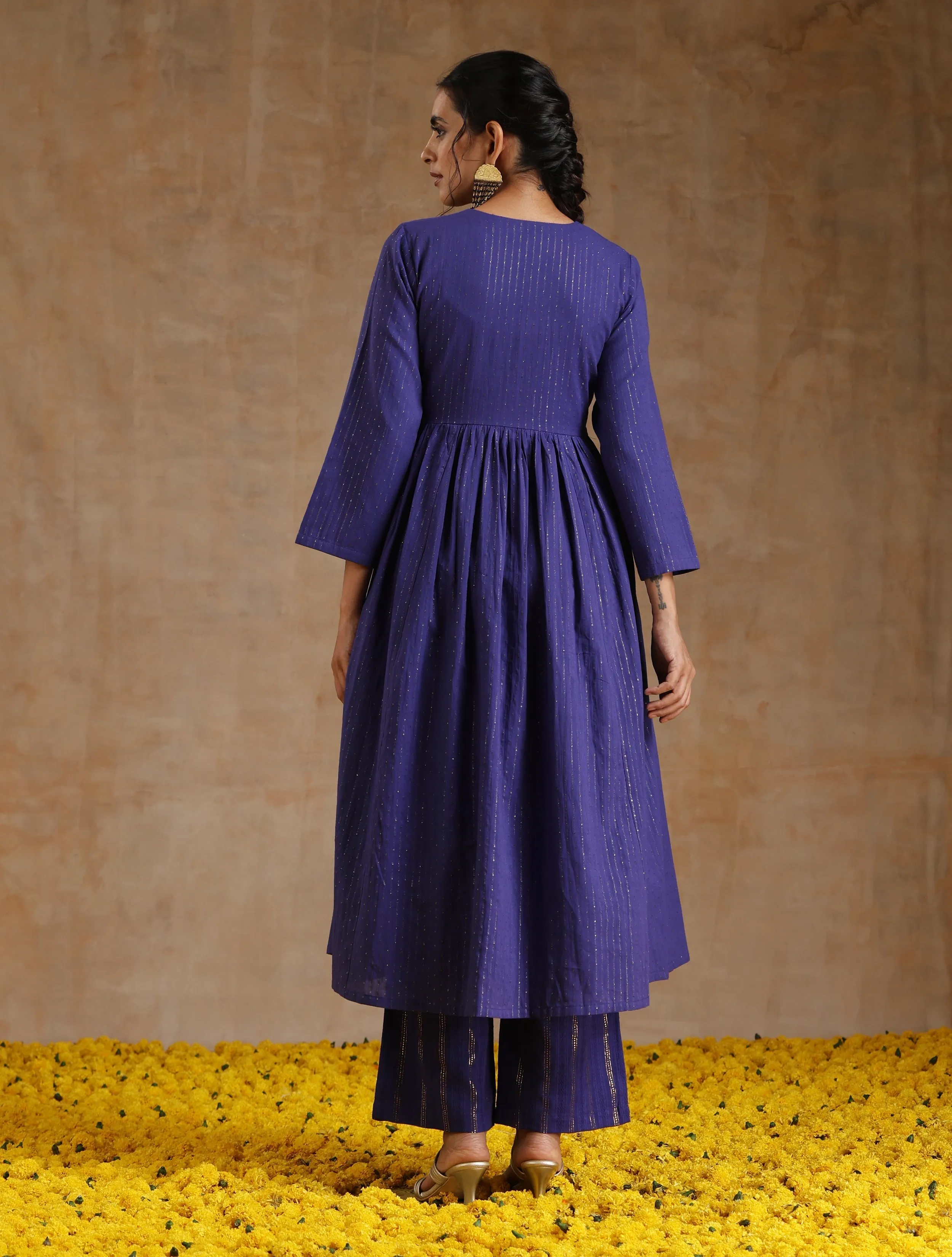 Spectrum Blue Gold Cotton Kalidar Kurta Set | Relove