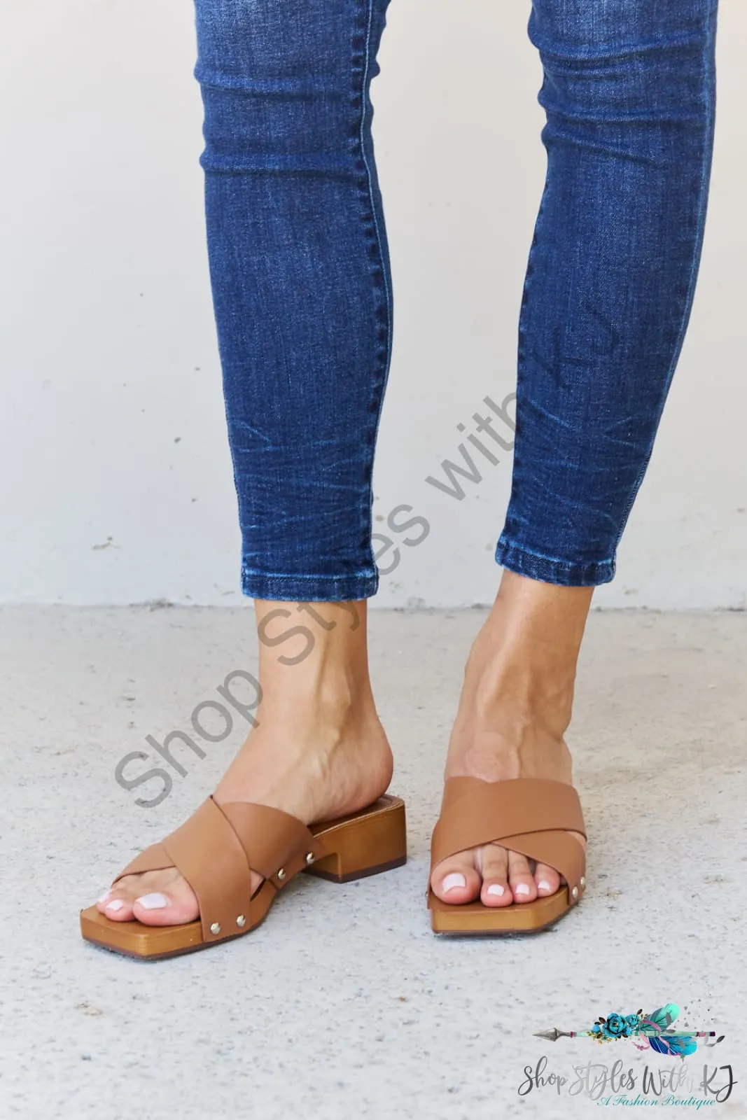 Step Into Summer Criss Cross Wooden Clog Mule in Brown