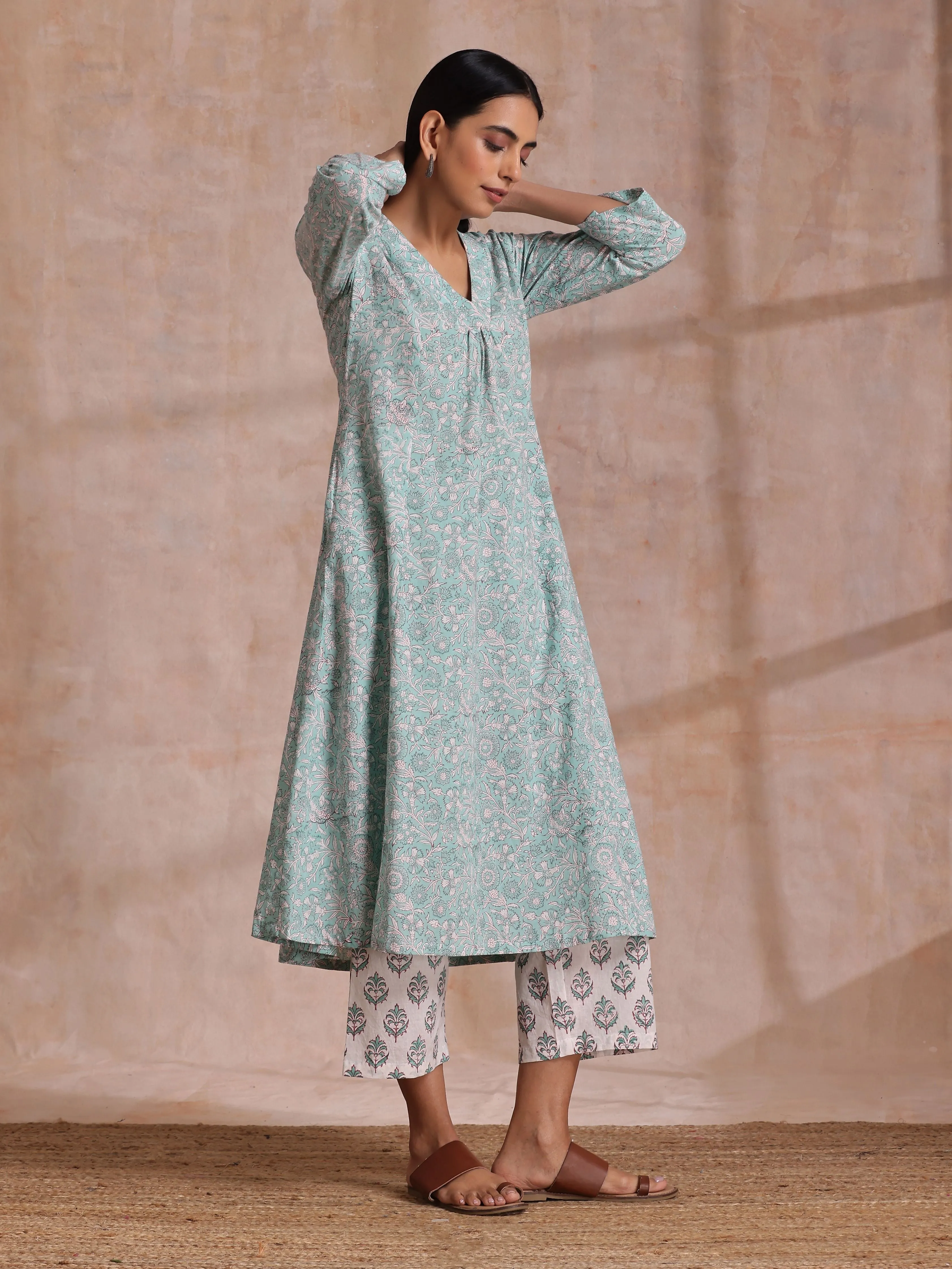 Tiffany Blue Floral Block Print Cotton Front Neck Gathered Kurta Pant Set