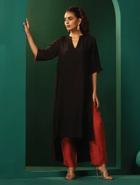 trueBrowns Black Silk High Low Kurta Pant Set