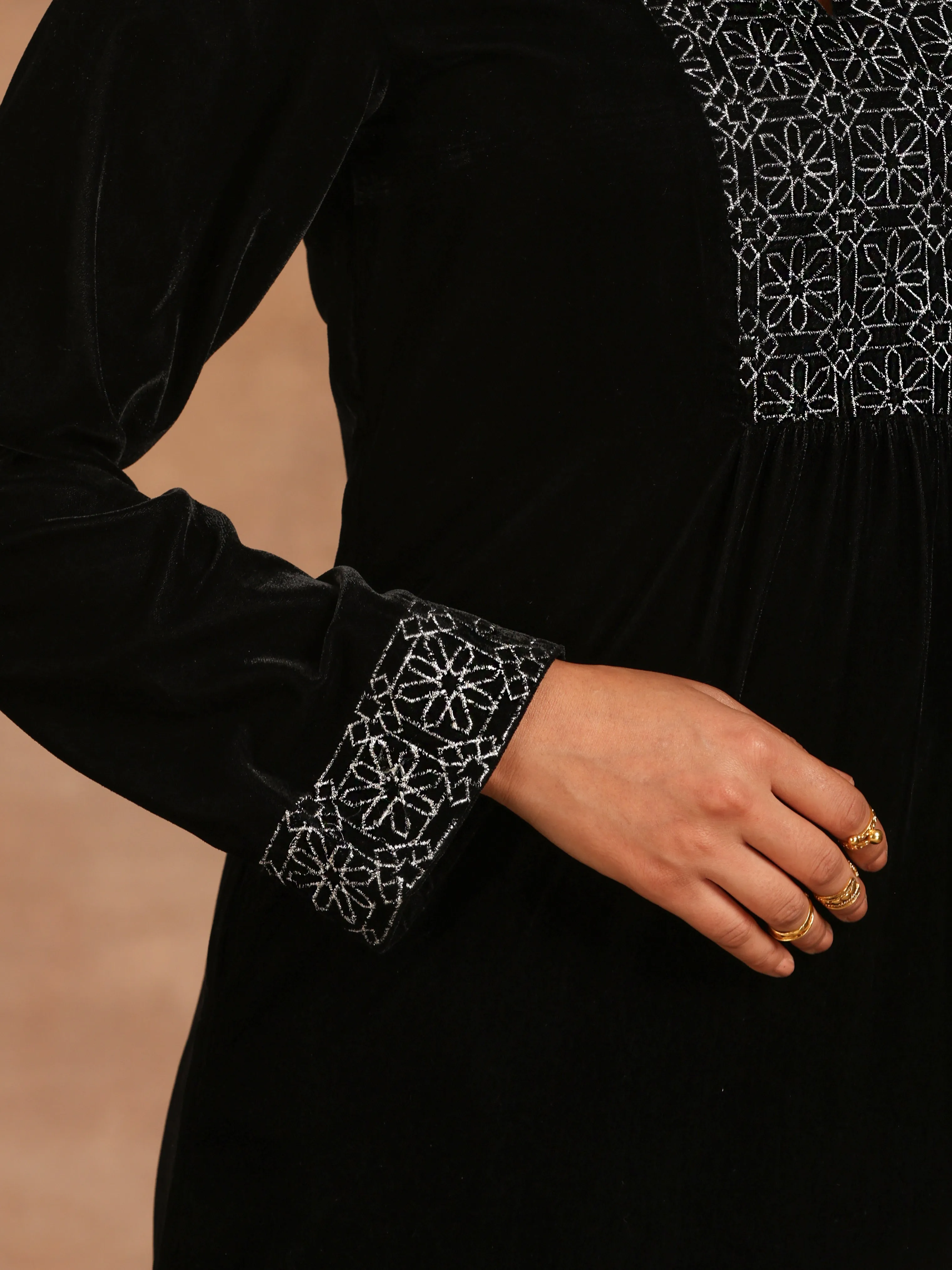 trueBrowns Black Velvet Embroidered Kurta