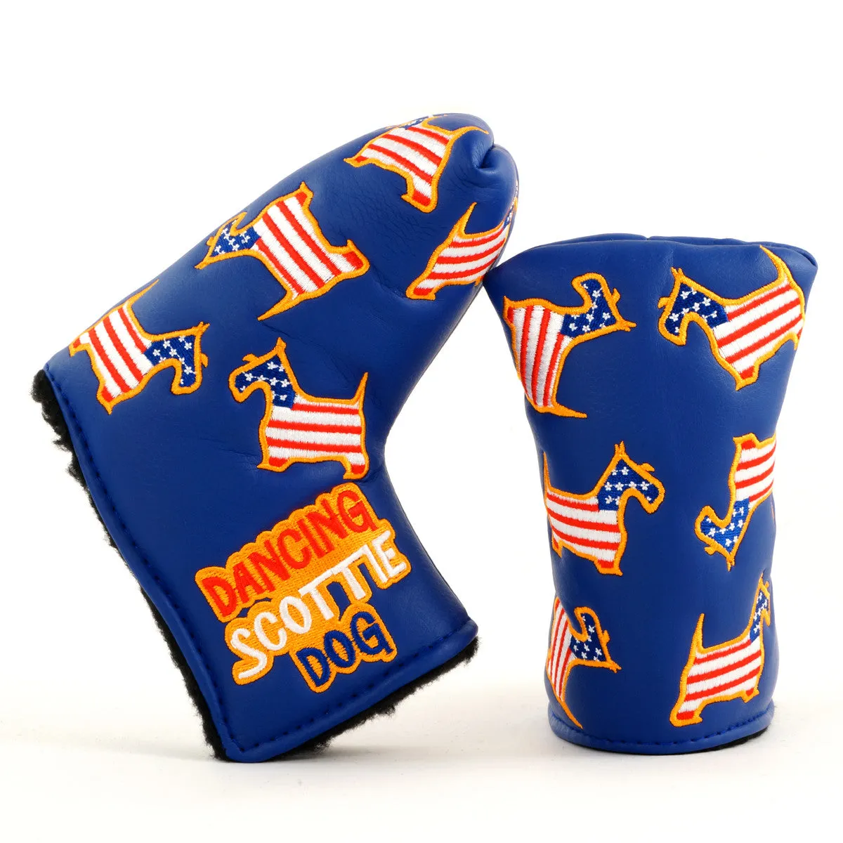 US Flag Dancing Scottie Dog Head Cover for Blade and Midsize Mallet Putter, Blue