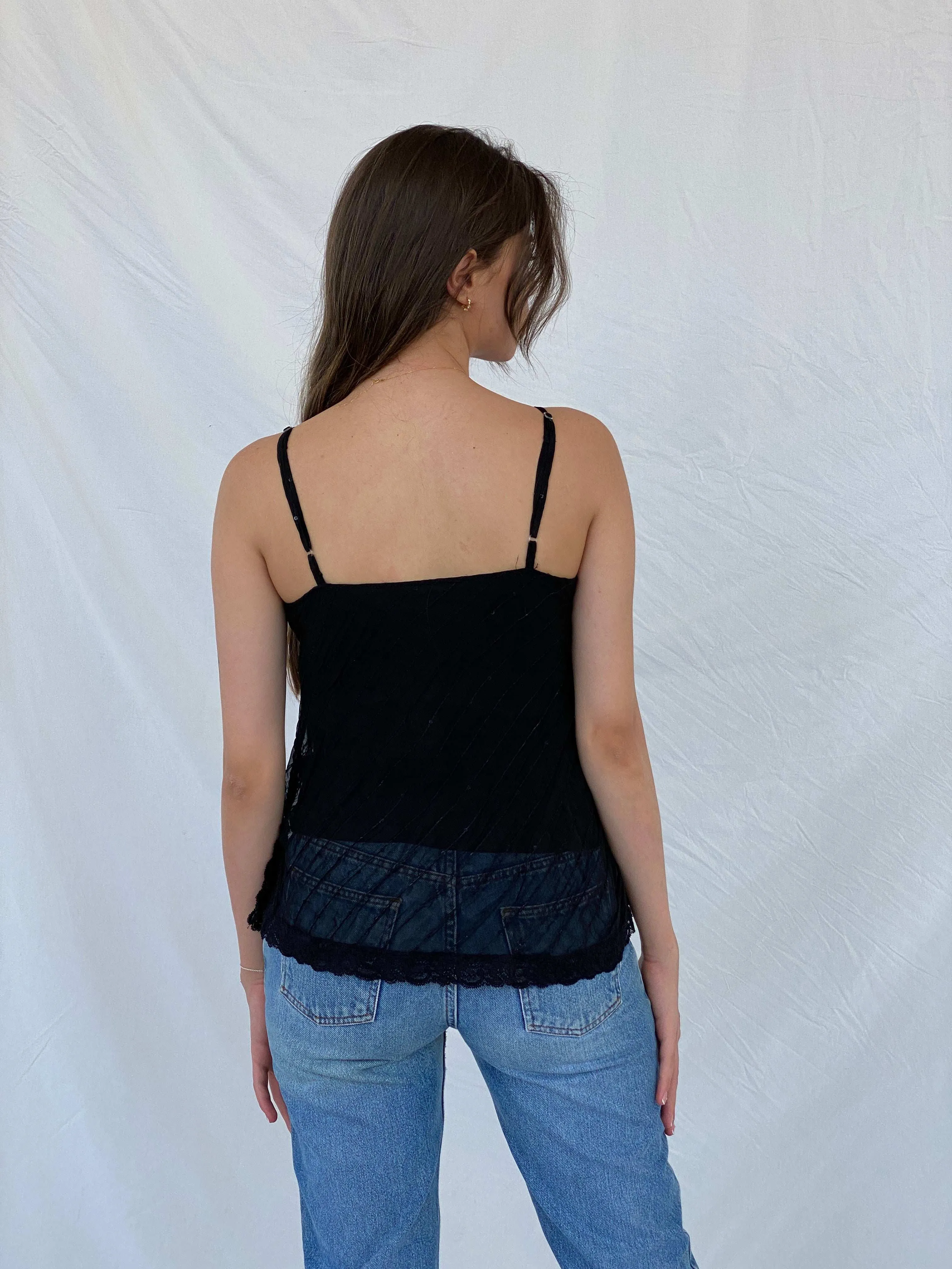 Vintage 90s Fire Los Angeles Sequin Black Lace Trim Cami Top - S