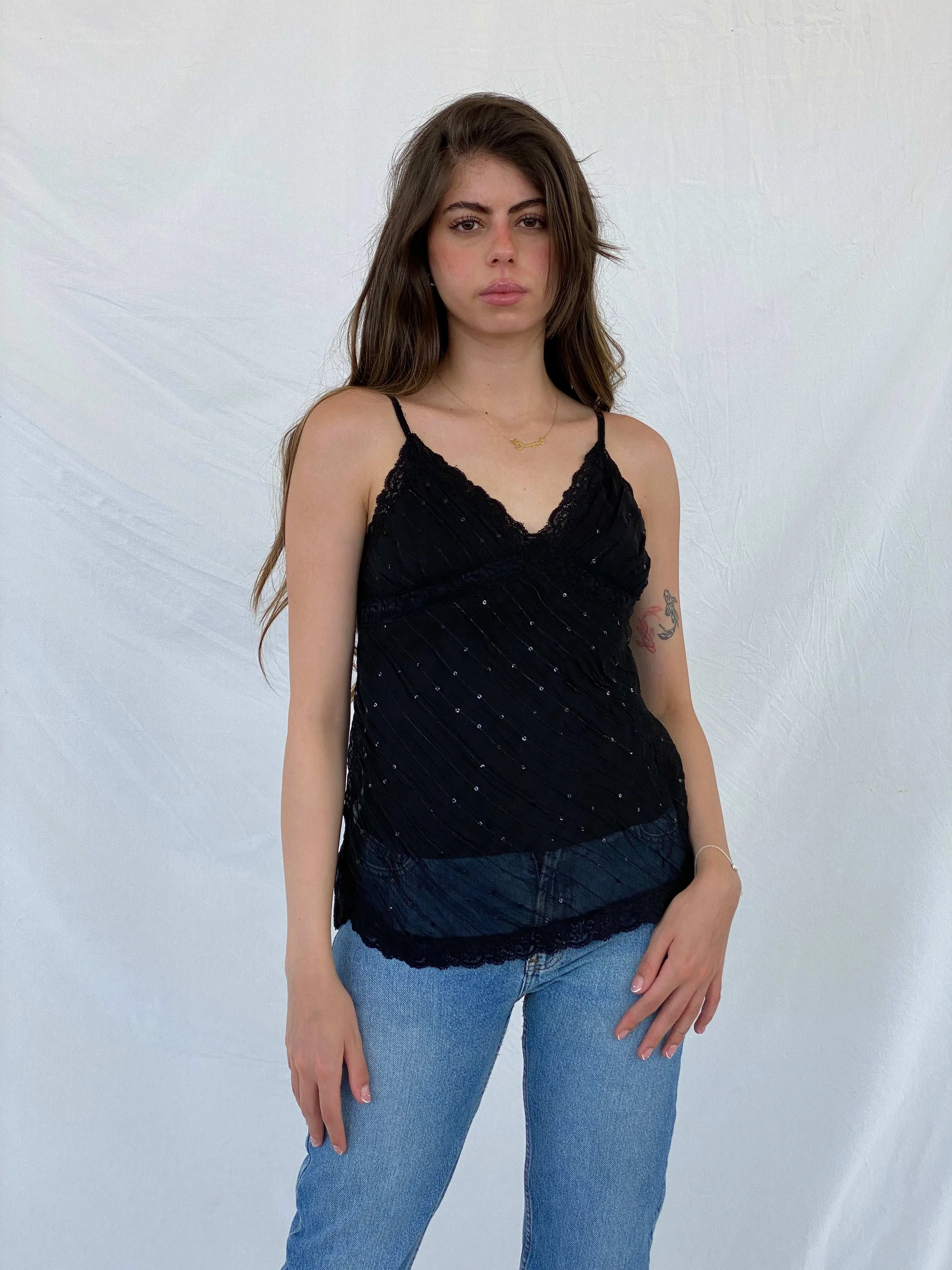 Vintage 90s Fire Los Angeles Sequin Black Lace Trim Cami Top - S