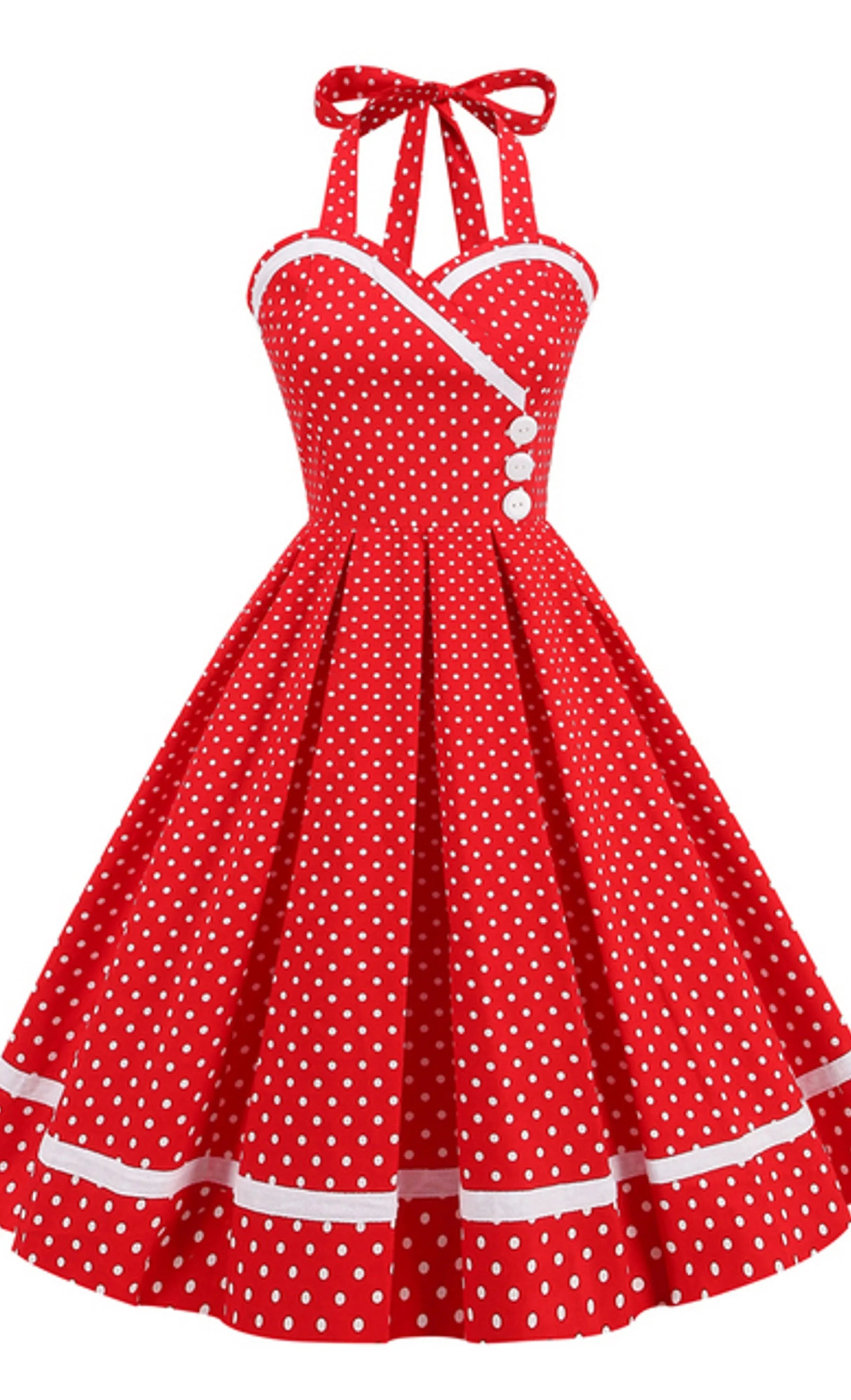 Vintage Summer Dress, Retro Midi Dress, Halter Neck Buttons Polka Dot Women Rockabilly Vintage Pleated Dress, Cotton Party Wear Ladies Dresses 1950s