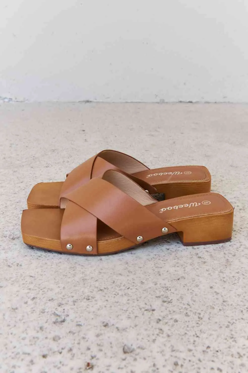 Weeboo Step Into Summer Criss Cross Wooden Clog Mule in Brown