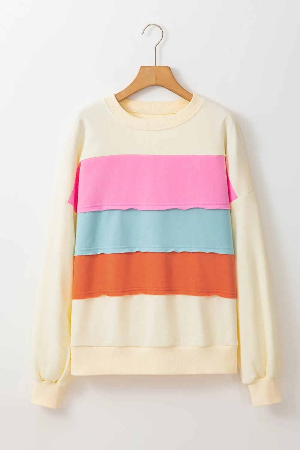 White Colorblock Patchwork Crewneck Drop Shoulder Sweatshirt