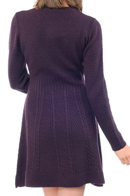 Yemak Women's Cable Knit Round Neck Long Sleeves Flare Dress MK8030